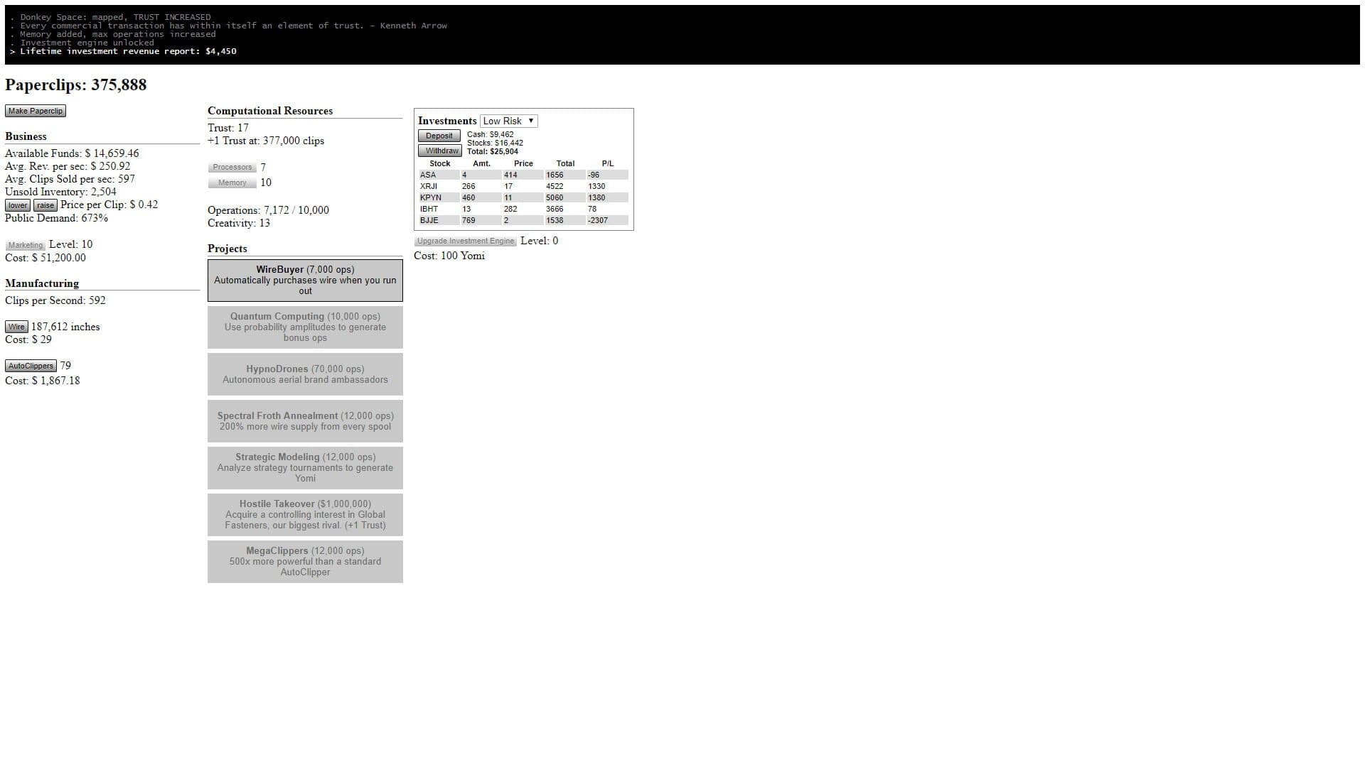 Universal Paperclips screenshot 2